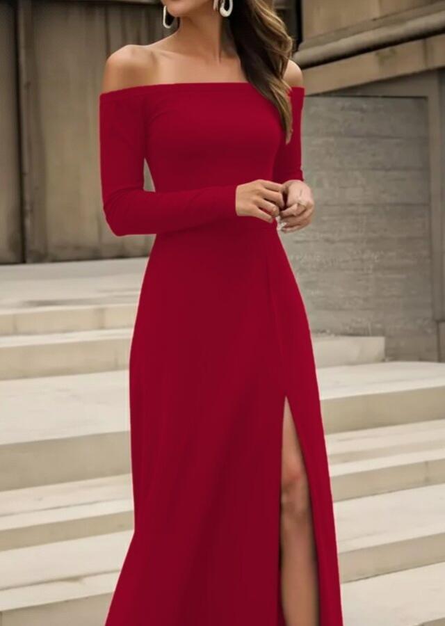 Kadın Uzun Kollu Madonna Yakalı Yırtmaç Detaylı Uzun Ithal Krep Elbise - 2