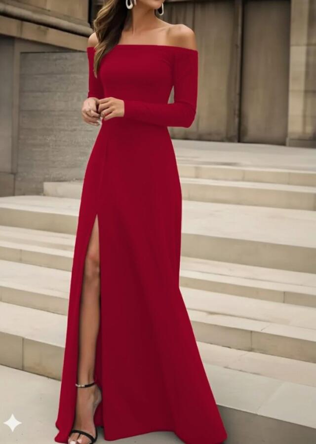 Kadın Uzun Kollu Madonna Yakalı Yırtmaç Detaylı Uzun Ithal Krep Elbise - 4