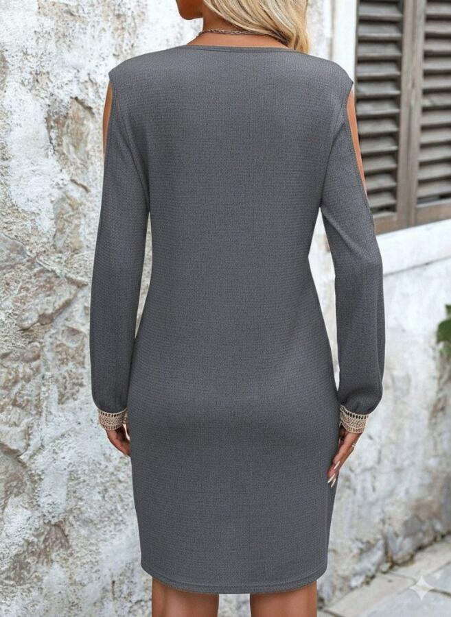 Kadın Uzun Kollu Omuzdan Açık V Dantel Yakalı Mini Waffle Elbise - 5