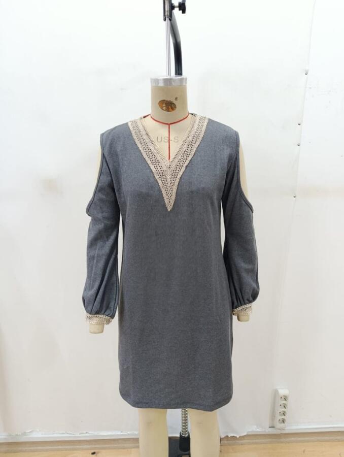 Kadın Uzun Kollu Omuzdan Açık V Dantel Yakalı Mini Waffle Elbise - 6