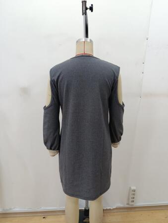 Kadın Uzun Kollu Omuzdan Açık V Dantel Yakalı Mini Waffle Elbise - 7