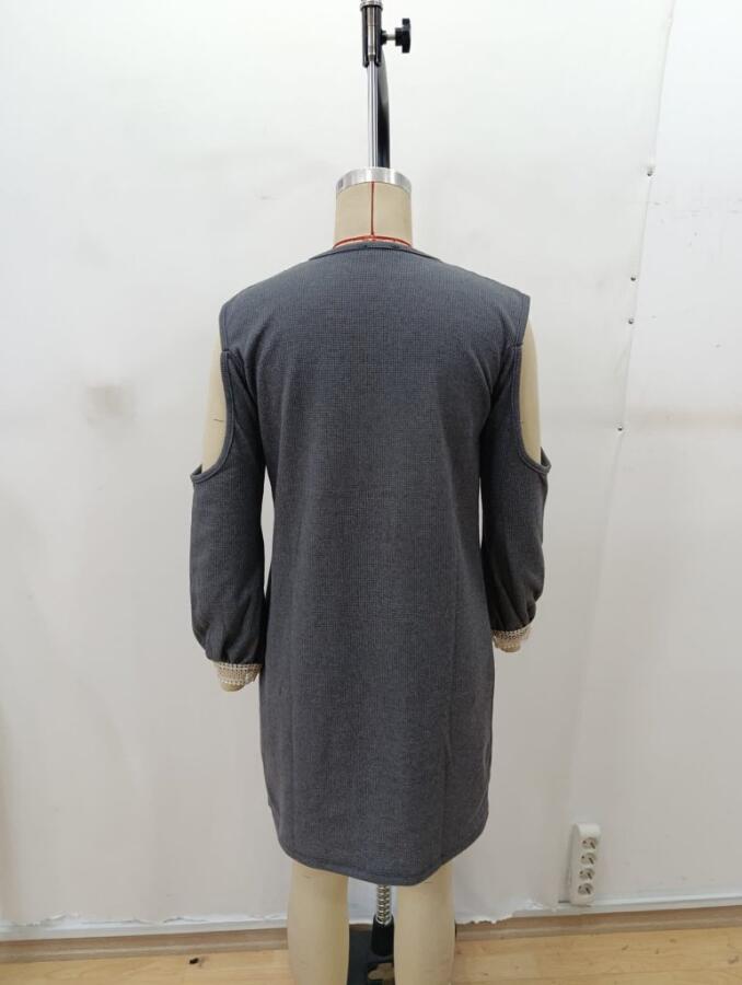 Kadın Uzun Kollu Omuzdan Açık V Dantel Yakalı Mini Waffle Elbise - 7