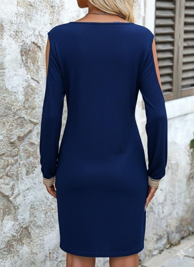 Kadın Uzun Kollu Omuzdan Açık V Dantel Yakalı Mini Waffle Elbise - 4