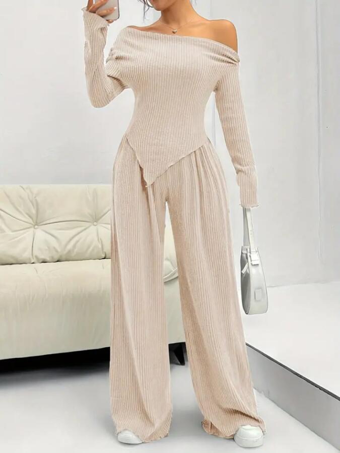 Kadın Uzun Kollu Omuzlardan Açık Asimetrik Kesim Kaşkorse Bluz Ve Pantolon Ikili Pantolon - 2