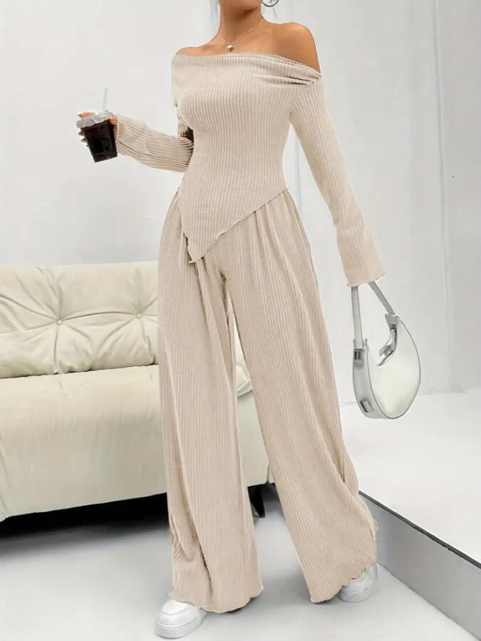 Kadın Uzun Kollu Omuzlardan Açık Asimetrik Kesim Kaşkorse Bluz Ve Pantolon Ikili Pantolon - 3