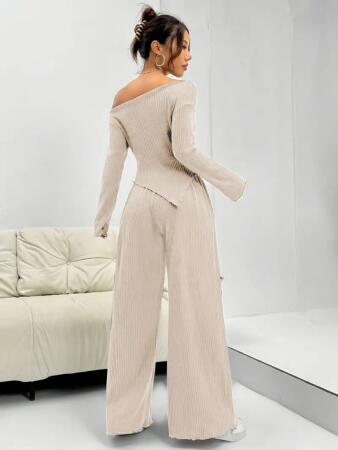 Kadın Uzun Kollu Omuzlardan Açık Asimetrik Kesim Kaşkorse Bluz Ve Pantolon Ikili Pantolon - 4