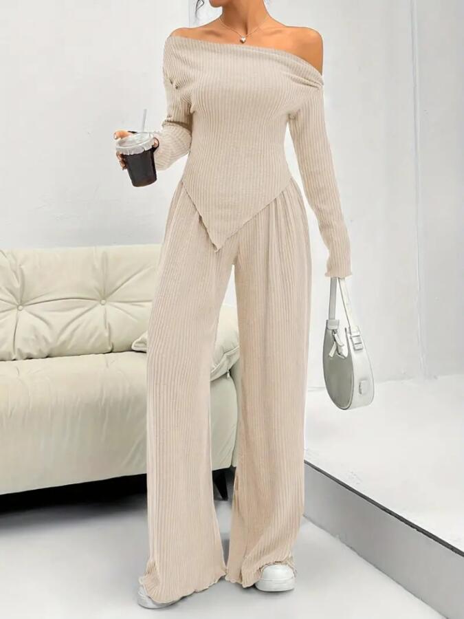 Kadın Uzun Kollu Omuzlardan Açık Asimetrik Kesim Kaşkorse Bluz Ve Pantolon Ikili Pantolon - 5