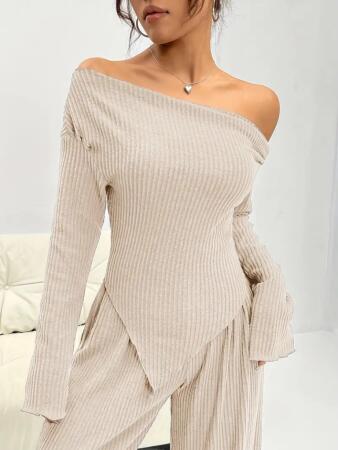 Kadın Uzun Kollu Omuzlardan Açık Asimetrik Kesim Kaşkorse Bluz Ve Pantolon Ikili Pantolon - 7