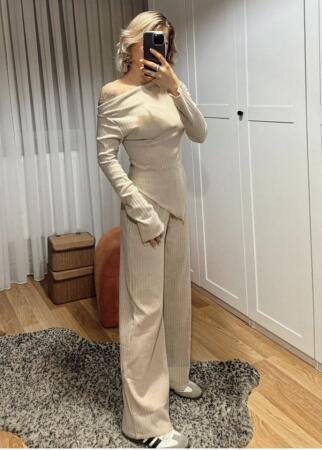 Kadın Uzun Kollu Omuzlardan Açık Asimetrik Kesim Kaşkorse Bluz Ve Pantolon Ikili Pantolon - 10