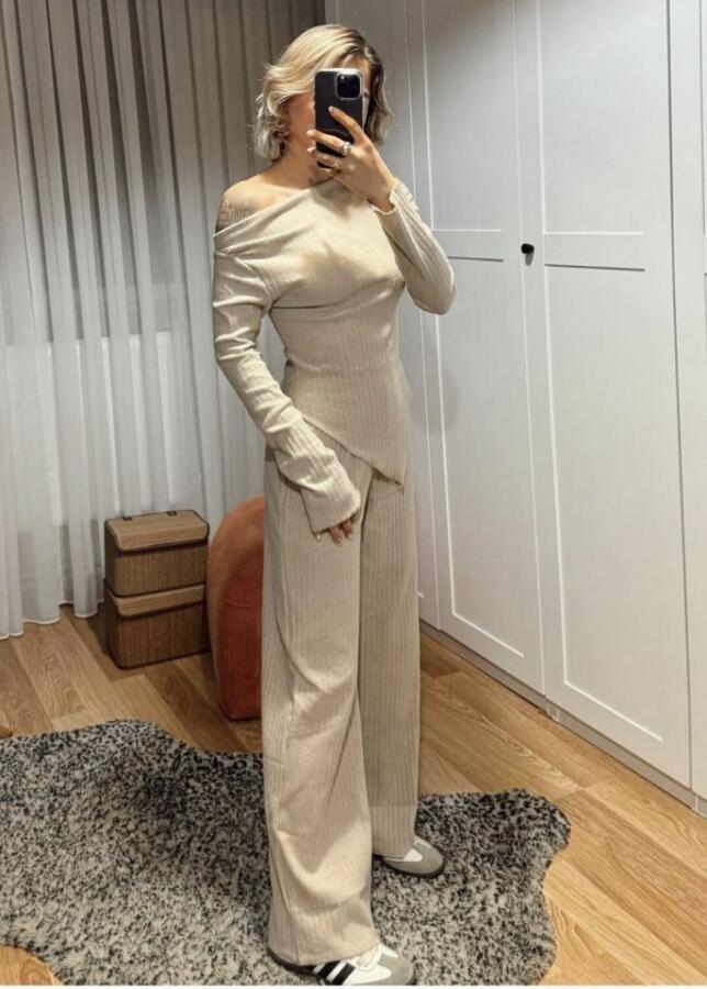 Kadın Uzun Kollu Omuzlardan Açık Asimetrik Kesim Kaşkorse Bluz Ve Pantolon Ikili Pantolon - 10