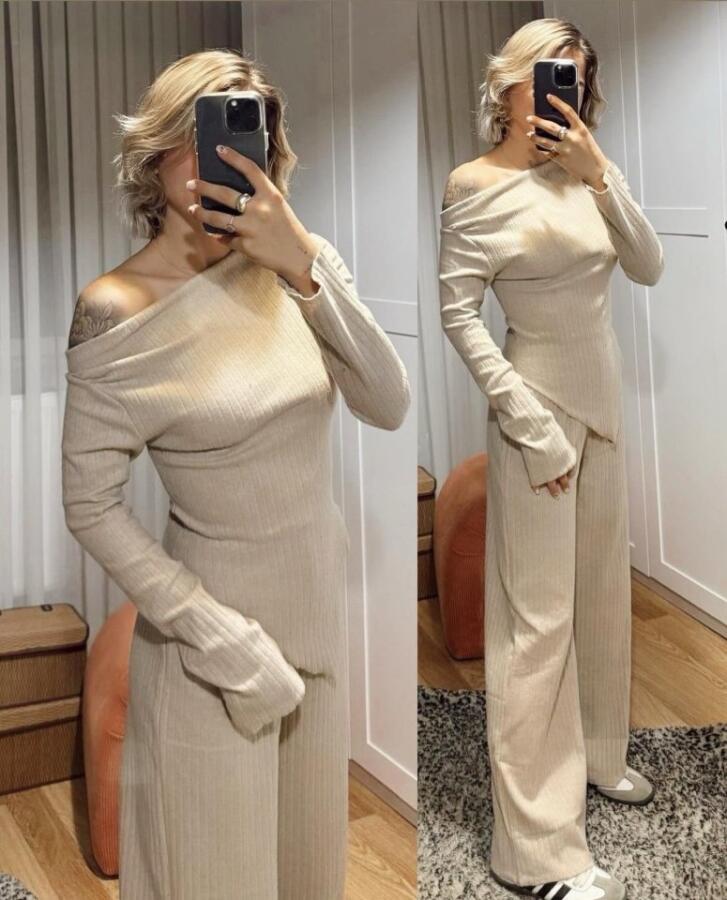 Kadın Uzun Kollu Omuzlardan Açık Asimetrik Kesim Kaşkorse Bluz Ve Pantolon Ikili Pantolon - 1