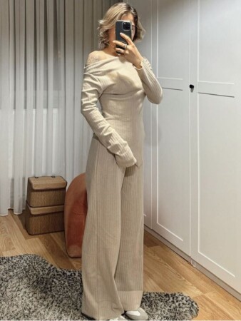 Kadın Uzun Kollu Omuzlardan Açık Asimetrik Kesim Kaşkorse Bluz Ve Pantolon Ikili Pantolon - 9