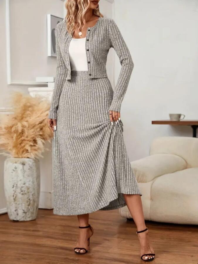 Kadın Uzun Kollu önden Düğmeli Bluz Ve Yüksek Bel A Kesim Uzun Etek şardonlu Kaşkorse Ikili Takım - 1