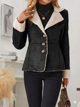 Kadın Uzun Kollu önden Düğmeli Cep Detaylı Kısa Süet Ceket - ANGELINO BuyukBedeniz (1)