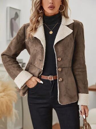 Kadın Uzun Kollu önden Düğmeli Cep Detaylı Kısa Süet Ceket - 4