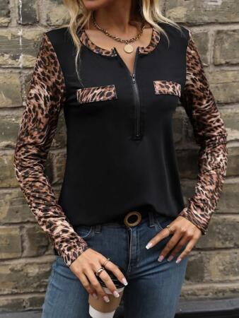 Kadın Uzun Kollu önden Fermuarlı Cepli Leopar Detaylı Viskon - 5