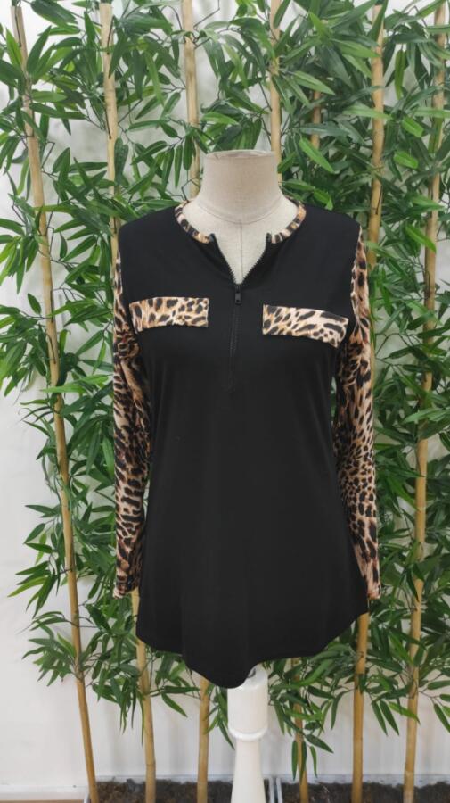 Kadın Uzun Kollu önden Fermuarlı Cepli Leopar Detaylı Viskon - 7