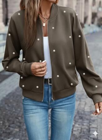 Kadın Uzun Kollu önden Fermuarlı Incili Kısa Modal Ceket - ANGELINO BuyukBedeniz