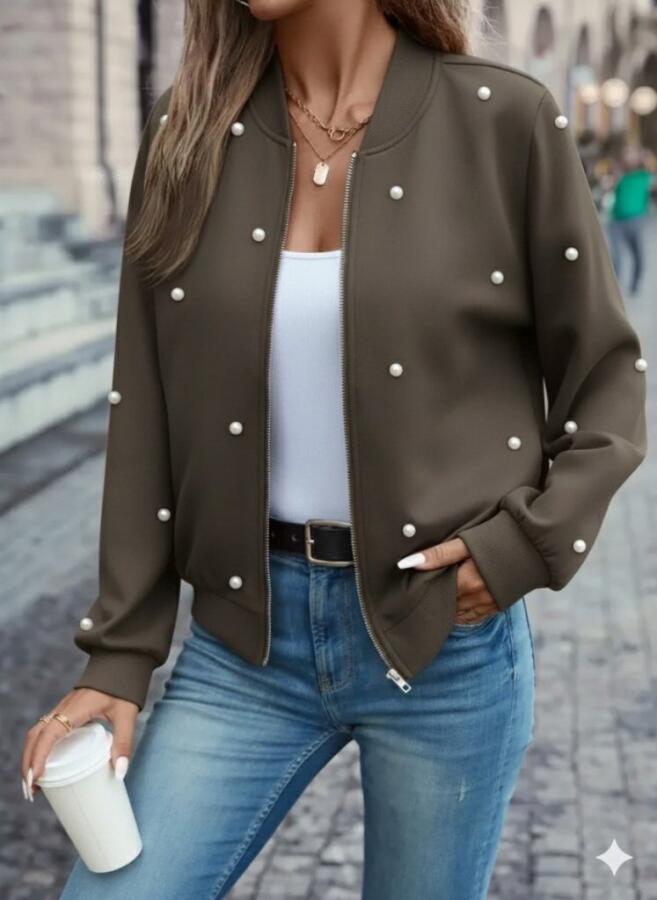 Kadın Uzun Kollu önden Fermuarlı Incili Kısa Modal Ceket - 2