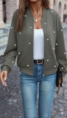 Kadın Uzun Kollu önden Fermuarlı Incili Kısa Modal Ceket - ANGELINO BuyukBedeniz