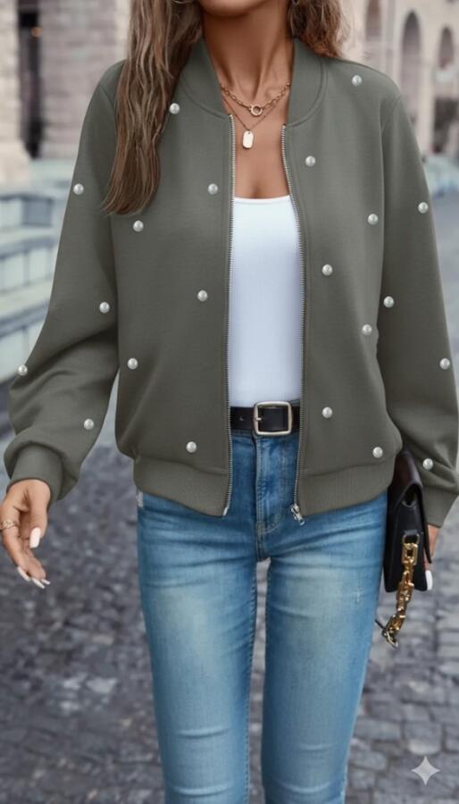 Kadın Uzun Kollu önden Fermuarlı Incili Kısa Modal Ceket - 1