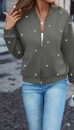 Kadın Uzun Kollu önden Fermuarlı Incili Kısa Modal Ceket - ANGELINO BuyukBedeniz (1)