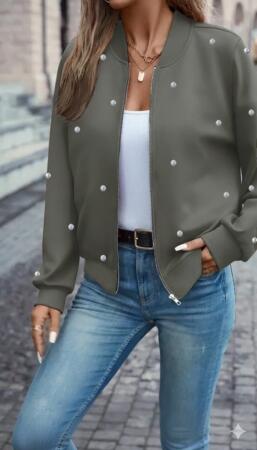 Kadın Uzun Kollu önden Fermuarlı Incili Kısa Modal Ceket - 3