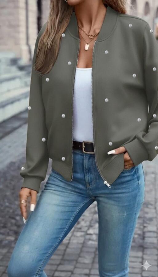 Kadın Uzun Kollu önden Fermuarlı Incili Kısa Modal Ceket - 3