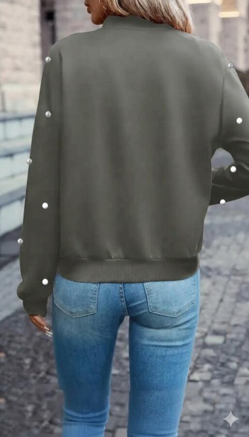 Kadın Uzun Kollu önden Fermuarlı Incili Kısa Modal Ceket - 4