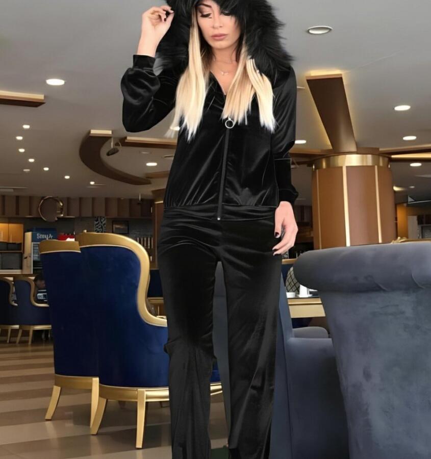 Kadın Uzun Kollu önden Fermuarlı Kapşon Tüy Detaylı Kadife Bluz Ve Pantolon Ikili Takım - 2
