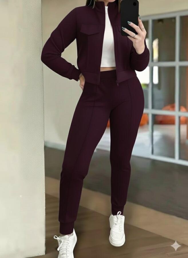 Kadın Uzun Kollu önden Fermuarlı Kısa Modal Mor Ceket Ve Pantolon Ikili Takım - 1