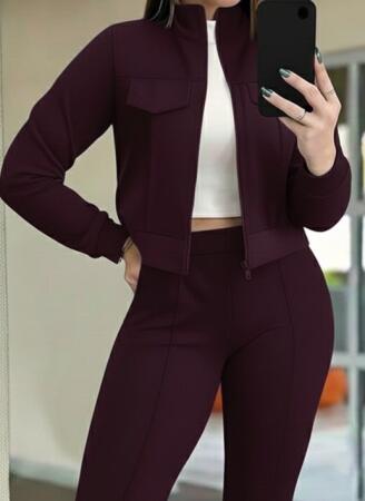 Kadın Uzun Kollu önden Fermuarlı Kısa Modal Mor Ceket Ve Pantolon Ikili Takım - 2