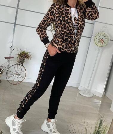Kadın Uzun Kollu önden Fermuarlı Leopar Desen Detaylı Viskon Iki Iplik Kumaş Ikili Takım - 3