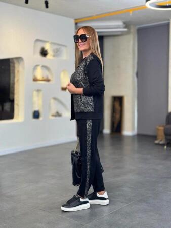 Kadın Uzun Kollu önden Fermuarlı Leopar Desenli Viskon Iki Iplik Bluz Ve Pantolon Ikili Takım - ANGELINO BuyukBedeniz (1)