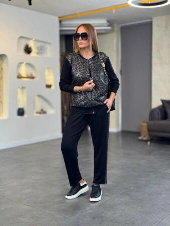 Kadın Uzun Kollu önden Fermuarlı Leopar Desenli Viskon Iki Iplik Bluz Ve Pantolon Ikili Takım - 4