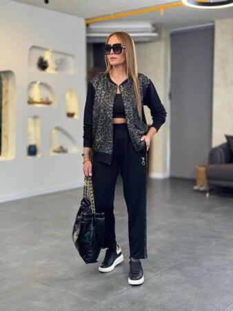 Kadın Uzun Kollu önden Fermuarlı Leopar Desenli Viskon Iki Iplik Bluz Ve Pantolon Ikili Takım - 5