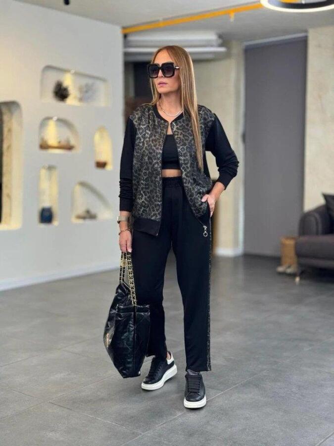 Kadın Uzun Kollu önden Fermuarlı Leopar Desenli Viskon Iki Iplik Bluz Ve Pantolon Ikili Takım - 5