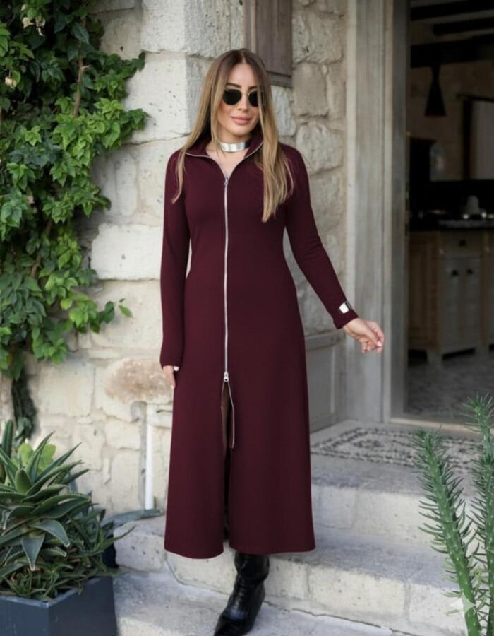 Kadın Uzun Kollu önden Fermuarlı Maxi Viskon Iki Iplik Elbise - 3