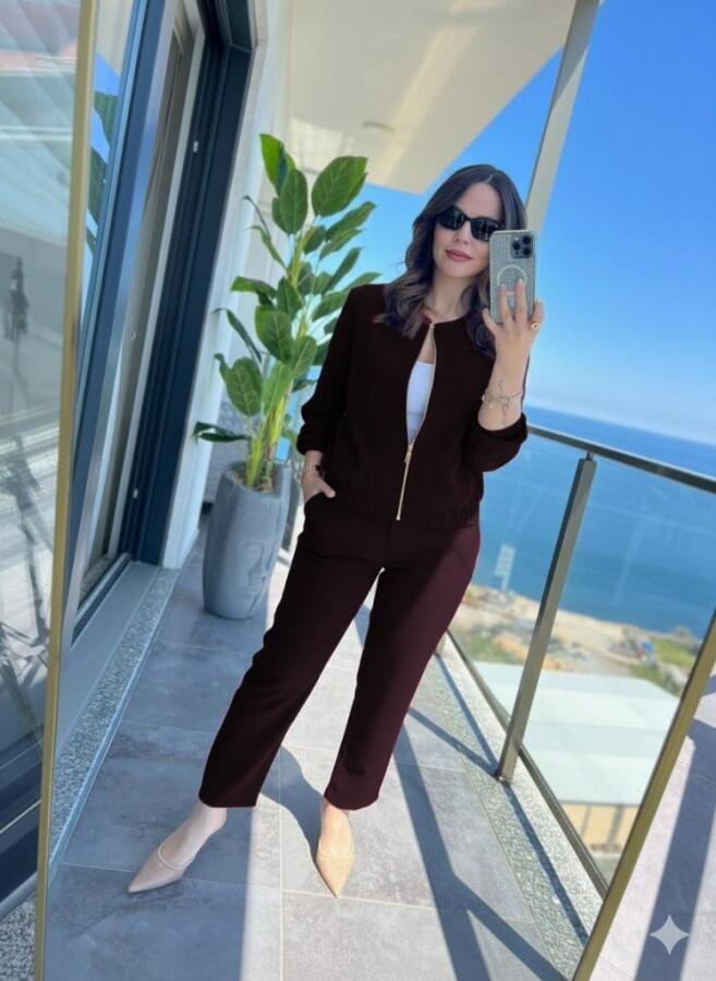 Kadın Uzun Kollu önden Fermuarlı Modal Ceket Ve Pantolon Ikili Takım - 2