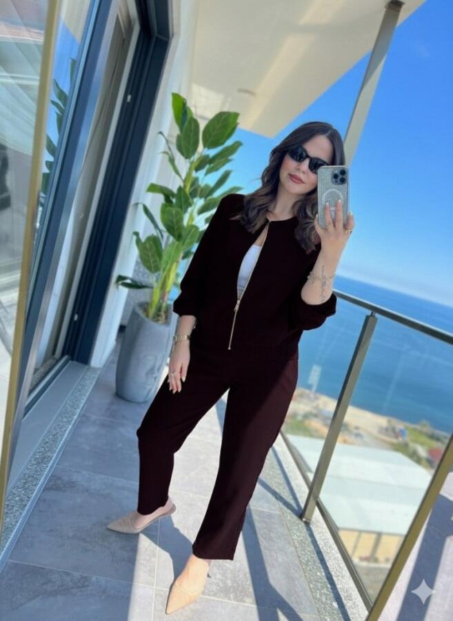 Kadın Uzun Kollu önden Fermuarlı Modal Ceket Ve Pantolon Ikili Takım - 3