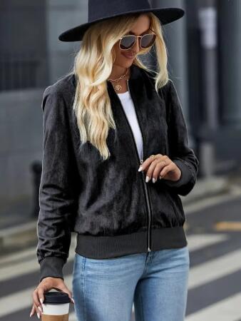 Kadın Uzun Kollu önden Fermuarlı Süet Ceket - ANGELINO BuyukBedeniz (1)