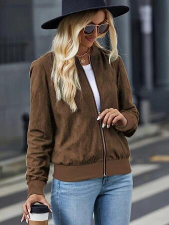 Kadın Uzun Kollu önden Fermuarlı Süet Ceket - ANGELINO BuyukBedeniz