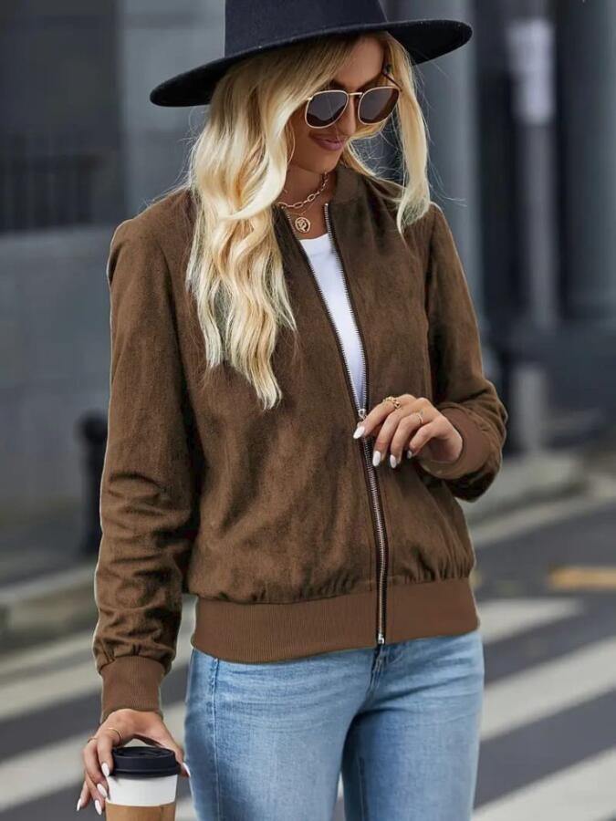 Kadın Uzun Kollu önden Fermuarlı Süet Ceket - 1