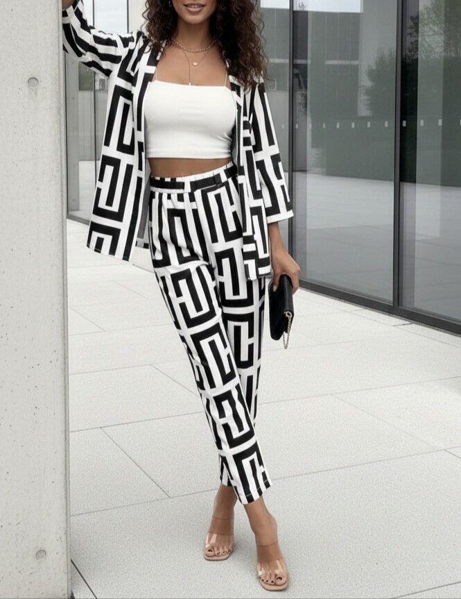 Kadın Uzun Kollu önü Açık Desenli Iki Iplik Ceket Ve Pantolon Ikili Takım - 1