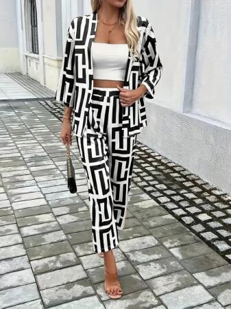 Kadın Uzun Kollu önü Açık Desenli Iki Iplik Ceket Ve Pantolon Ikili Takım - 3