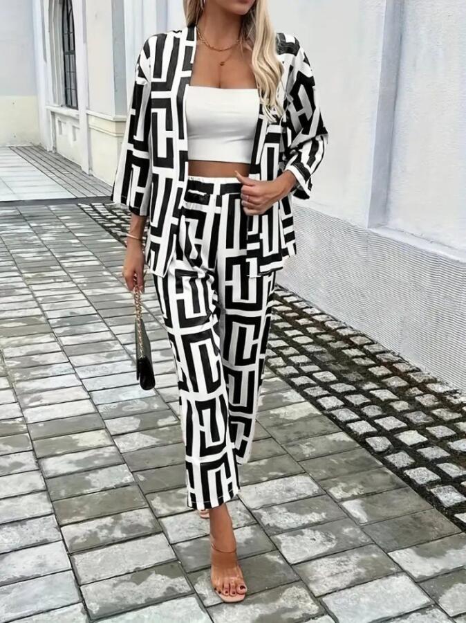 Kadın Uzun Kollu önü Açık Desenli Iki Iplik Ceket Ve Pantolon Ikili Takım - 3