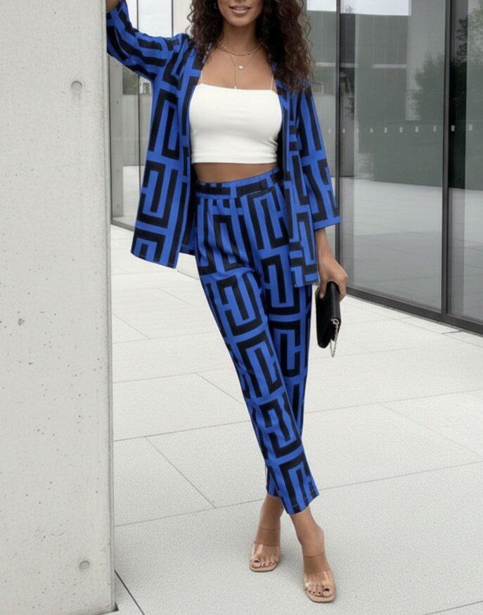 Kadın Uzun Kollu önü Açık Desenli Iki Iplik Ceket Ve Pantolon Ikili Takım - 1