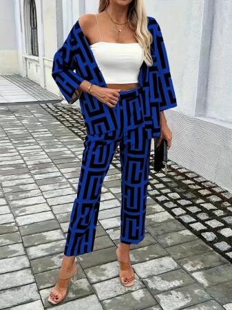 Kadın Uzun Kollu önü Açık Desenli Iki Iplik Ceket Ve Pantolon Ikili Takım - ANGELINO BuyukBedeniz (1)