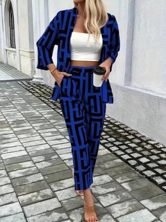 Kadın Uzun Kollu önü Açık Desenli Iki Iplik Ceket Ve Pantolon Ikili Takım - 3