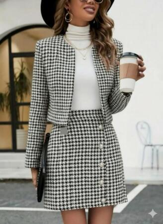 Kadın Uzun Kollu önü Açık Dokuma Ceket Ve Mini Etek Ikili Takım - ANGELINO BuyukBedeniz